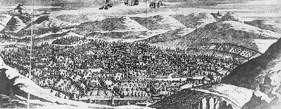 Панорама Эривани в 1672 году (гравюра из книги Ж. Шардена)
