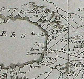Фрагмент карты Антонио Затта, 1784, изображая грузинское княжество Гурия и её главный город Батуми