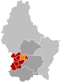 Оранжевый цвет - коммуна Келен (Люксембург), красный - кантон Капеллен.