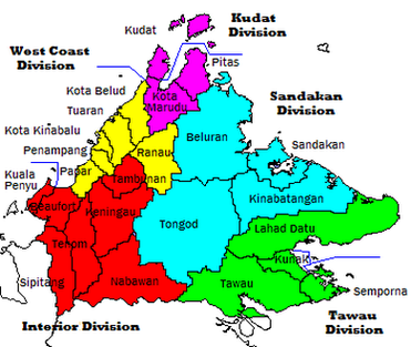 Округа Сабаха. Внутренняя область выделена красным цветом, район Бьюфорт расположен в её западной части