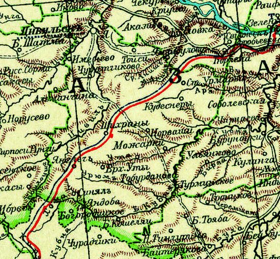 Карта Цивильского уезда (1903) с указанием железной (красная линия) дороги, близ которой южнее Янглич появится деревня Алшихово