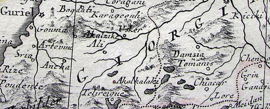 Фрагмент из карты Антонио Затта, опубликованная в Венеции в 1784 году. Карта показывает Ахалкалаки, Грузия