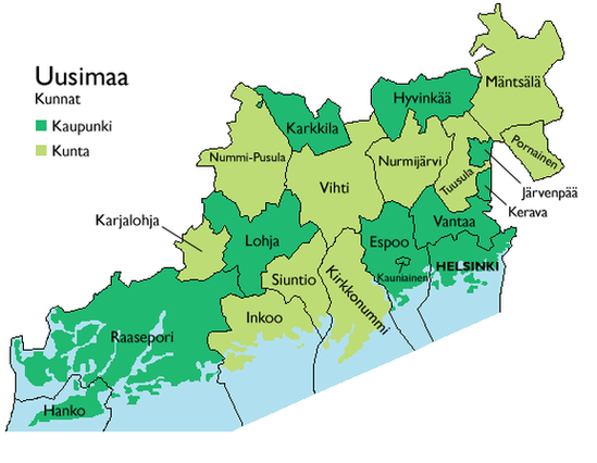 Городской муниципалитет Ханко на карте провинции Уусимаа.