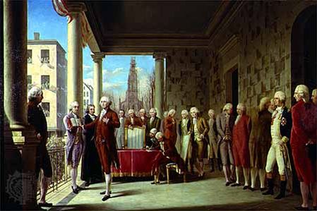 Инаугурация президента Вашингтона в манхэттенском Федерал-холле (1789).