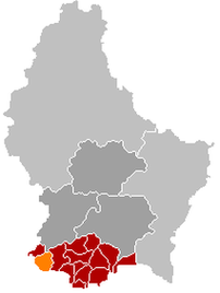 Оранжевый цвет - коммуна Дифферданж, красный - кантон Эш-сюр-Альзетт.