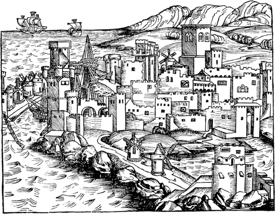 Город Родос на гравюре 1493 года