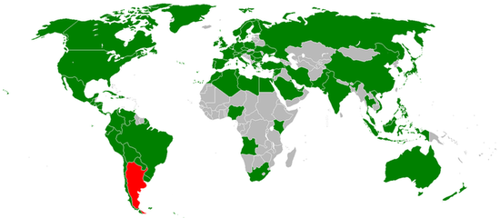 Карта стран с посольствами Аргентины. Красный — Аргентина. Зелёный — страны, в которых находятся посольства Аргентины