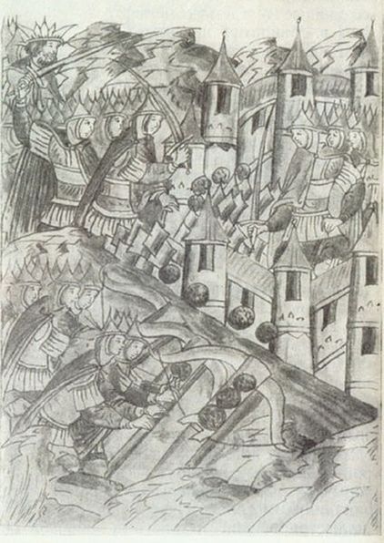 Осада Козельска в 1239 году, миниатюра XVI века из Голицинского тома Никоновской летописи