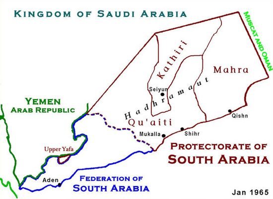 Map of the Protectorate and the Federation of South Arabia.