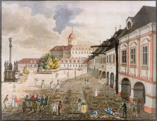 Южная часть городской площади с видом на уже перестроенный замок в стиле барокко, конец XVIII века.
