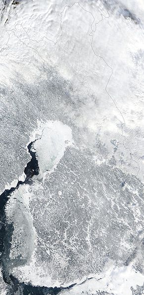 Заснеженная Финляндия на снимке из космоса, февраль 2003