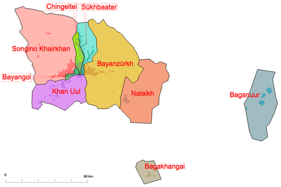 Карта административных районов Улан-Батора