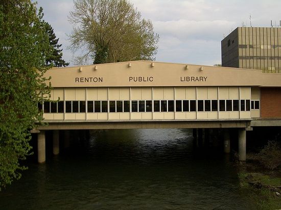 Renton Public Library straddles the Cedar River