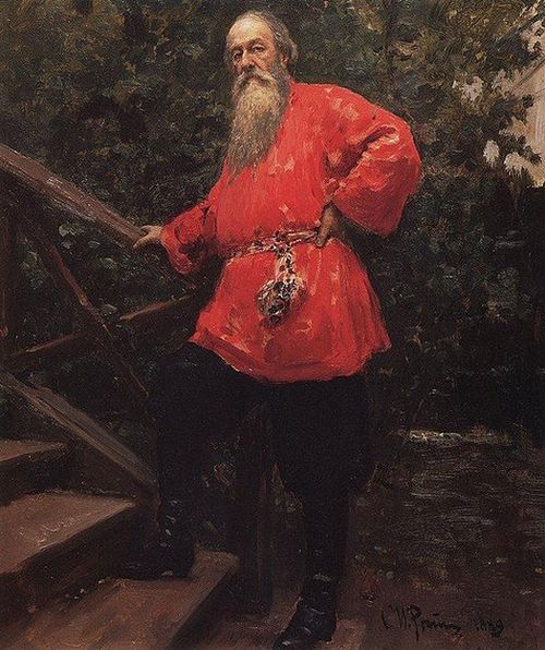 В. В. Стасов на даче в деревне Старожиловка. Картина работы И. Репина (1889)