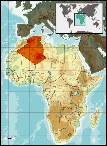 Алжир на физической карте Африки с границами государств
