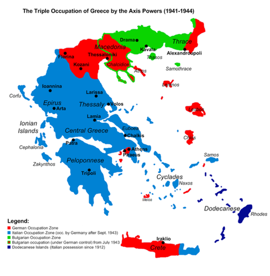 Карта зон оккупации Греции во время Второй мировой войны. Доксато был включён в болгарскую зону