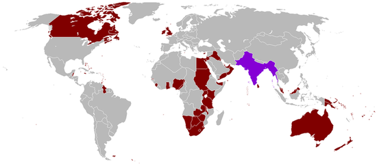 Британская империя — Индия и Бирма показаны фиолетовым цветом