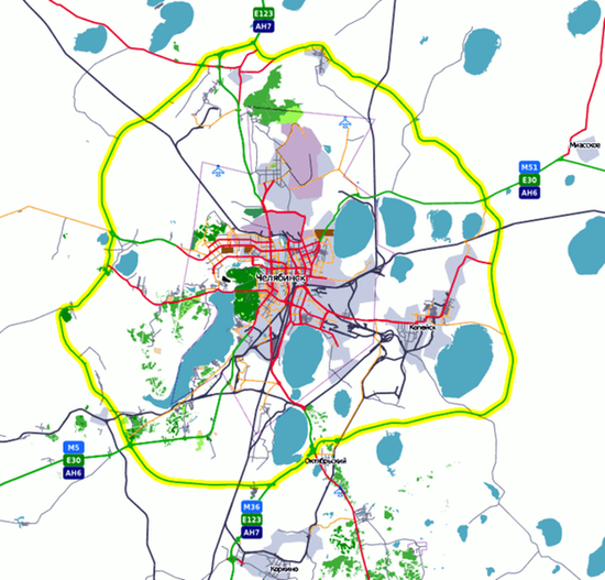 Карта окрестностей Челябинска по состоянию на середину 2009. Дорога «Обход города Челябинска» выделена жёлтым цветом.