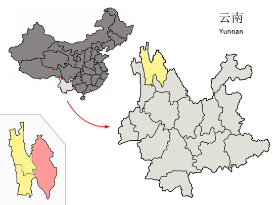 Положение уезда Шангри-Ла (розовый) в Дечен-Тибетском автономном округе (жёлтый)