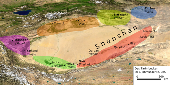 Территория Карашара в III в. н. э. выделена салатным цветом.