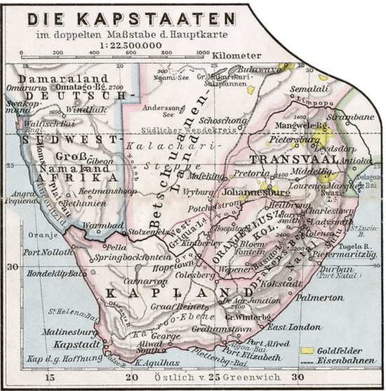 Немецкая карта Южной Африки 1905 года. Бечуаналенд ещё не поделён на северную (протекторат) и южную части.
