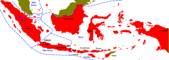 Индонезия в период японской оккупации, разграниченная на зоны ответственности 16-й армии, 25-й армии и 2-го флота