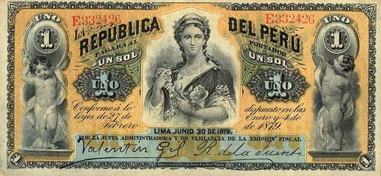 Креолка — аллегорический символ Перу на перуанском соле, 1879