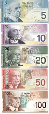 Канадские деньги, на которых изображены (сверху вниз) Уилфрид Лорье, Джон Макдональд, Королева Канады Елизавета II, Уильям Лайон Макензи Кинг и Роберт Борден