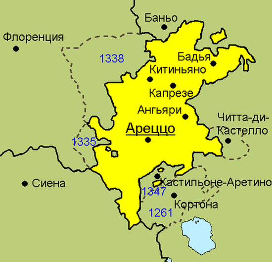 Аретинская республика в 1350 г.   Пунктиром показаны границы утраченных территорий, синим цветом — годы потерь.