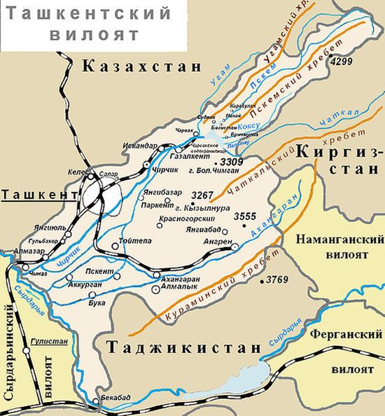 Расположение посёлка Чарвак на схематической карте Ташкентской области