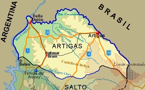 река Куараи (Río Cuareim} на карте департамента Артигас