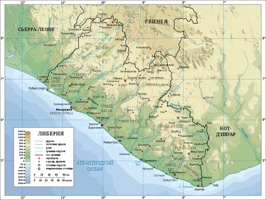 Топографическая карта Либерии