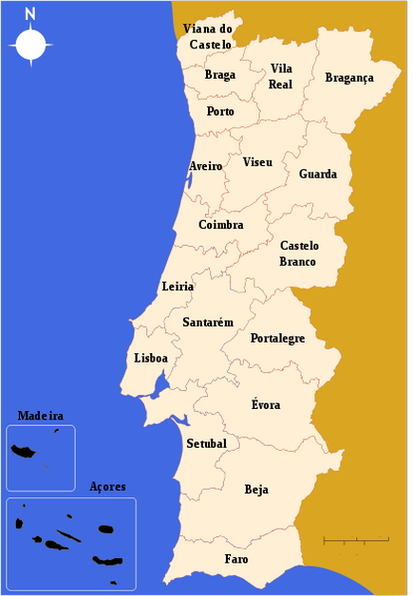 Карта континентальной Португалии с границами округов.