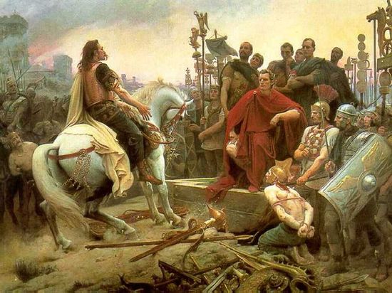 Верцингеторикс сдаётся Юлию Цезарю после проигранной битвы при Алезии.