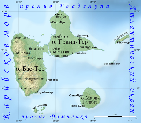 Физическая карта Гваделупы